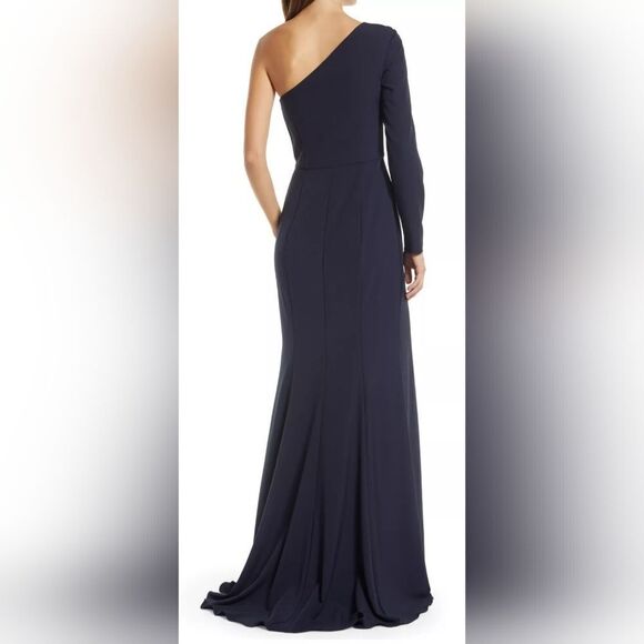 AMSALE One-Shoulder Crepe GOWN DRESS NWOT size 2 NAVY BLUE - Picture 2 of 5